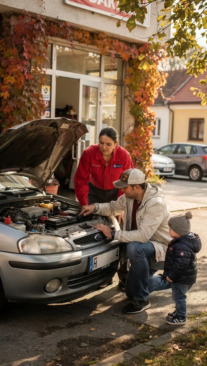 Interiér autoservisu so zobrazením moderných prístrojov na meranie výkonu batérie a alternátora.