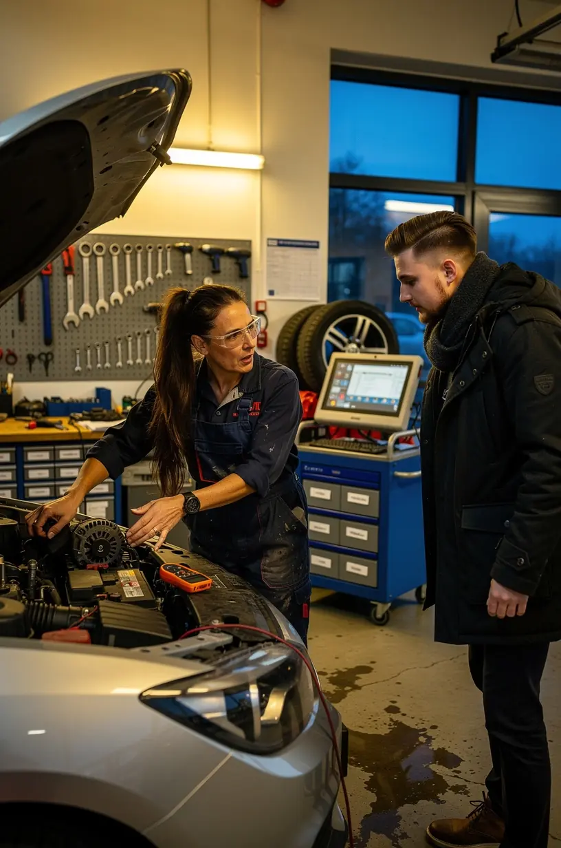 Automobil pripojený na diagnostický prístroj pre meranie štartovacieho výkonu v zime.