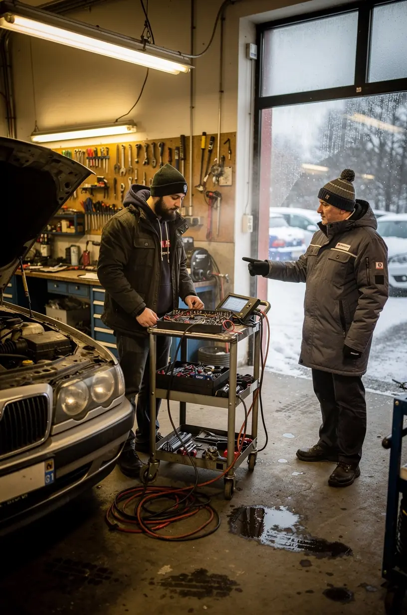 Servisný pracovník vykonávajúci kontrolu elektroinštalácie a odporúčajúci výmenu batérie podľa potreby.